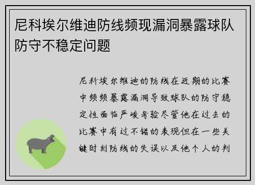 尼科埃尔维迪防线频现漏洞暴露球队防守不稳定问题